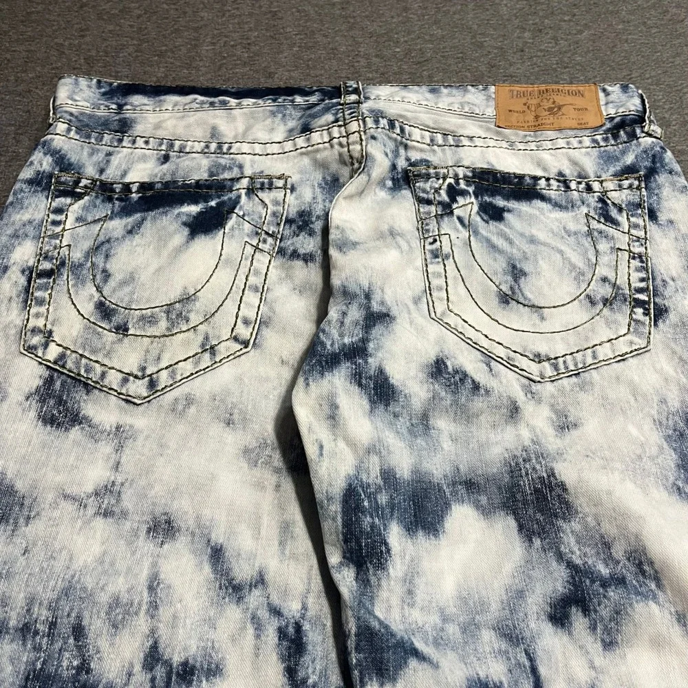 True Religion Mens Section Straight Acid Wash Cloud Blue White Jeans Size 38